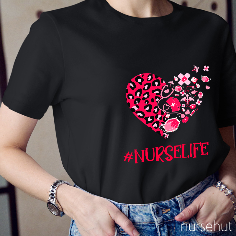 Leopard Print Love Heart Nurselife Nurse T-Shirt