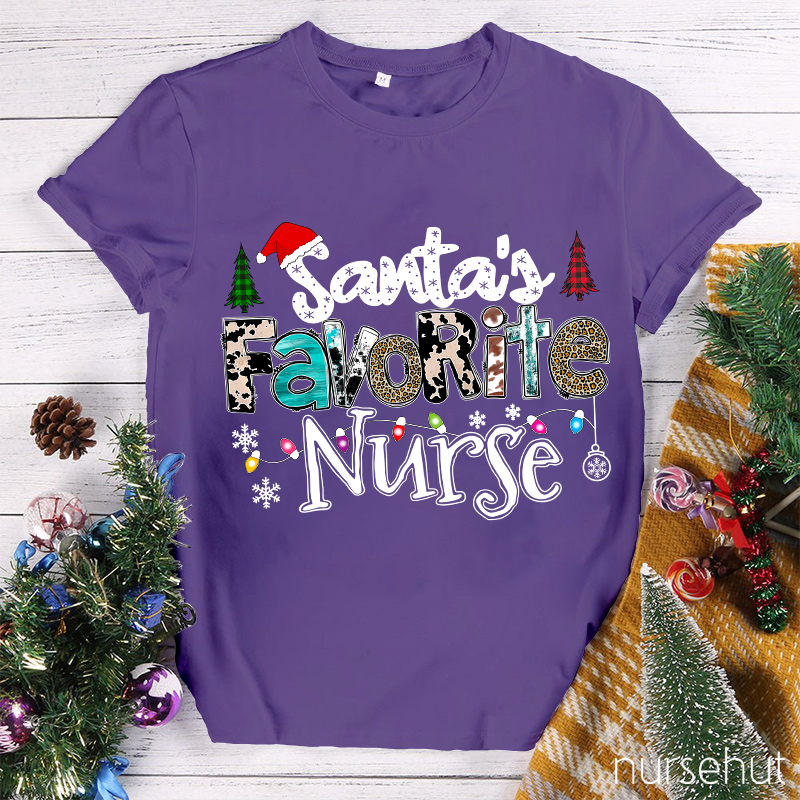 Santa's Favorite Nurse Leopard Christmas Nurse T-Shirt