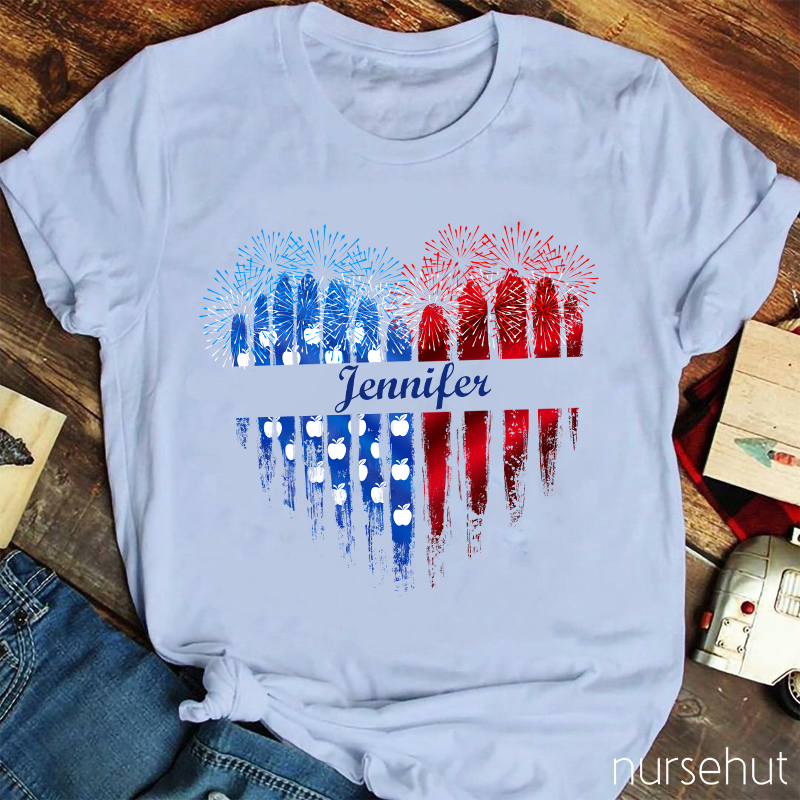 Personalized Name Love Flat Fireworks Nurse T-Shirt