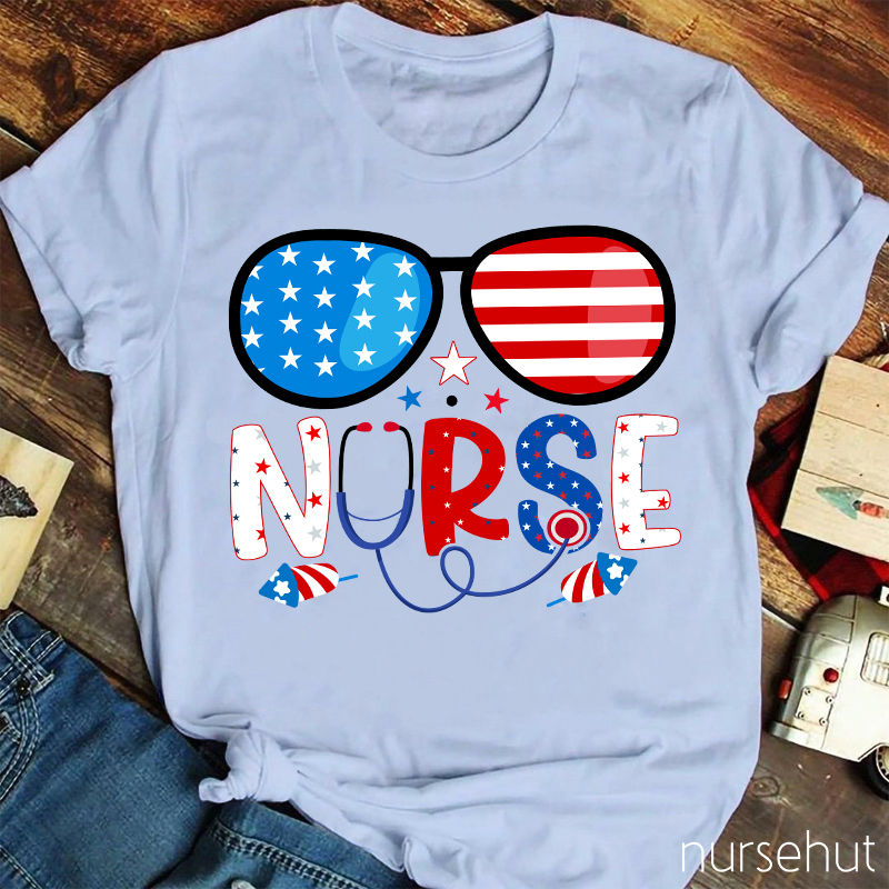 Flag Glasses Fireworks Nurse T-Shirt
