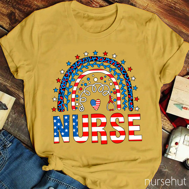 Independence Day Rainbow Heart Nurse T-Shirt