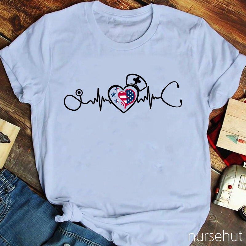 Flag Heart ECG Stethoscope Nurse T-Shirt