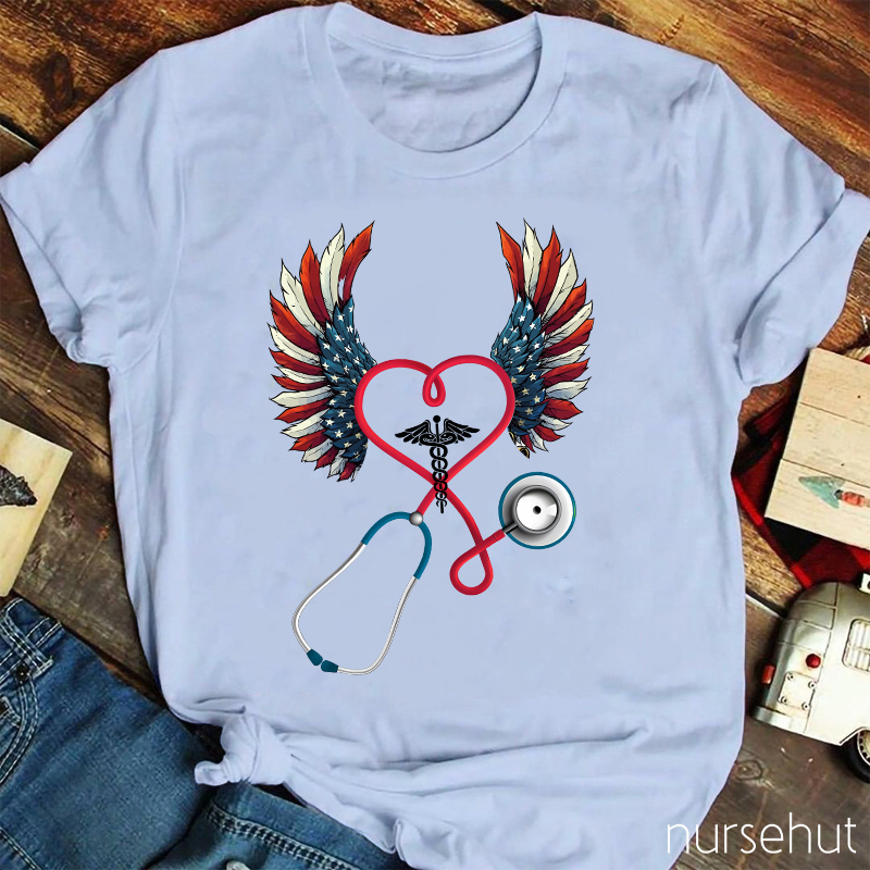Flag Double Wing Love Stethoscope Nurse T-Shirt