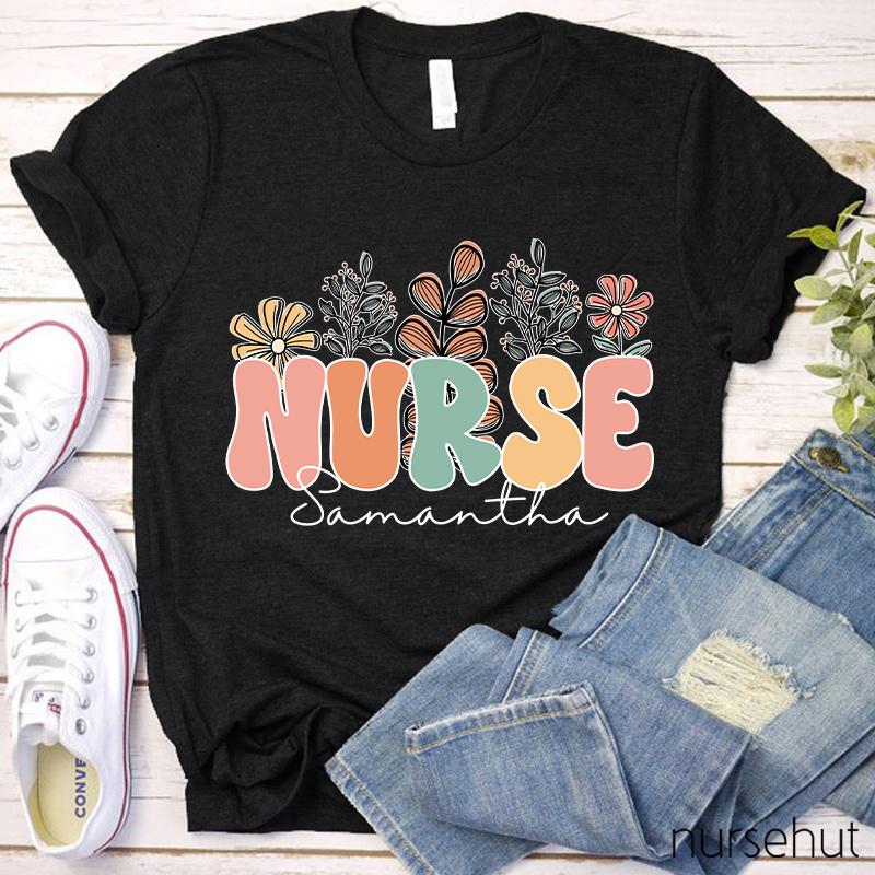 Personalized Name Flowers Nurse T-Shirt