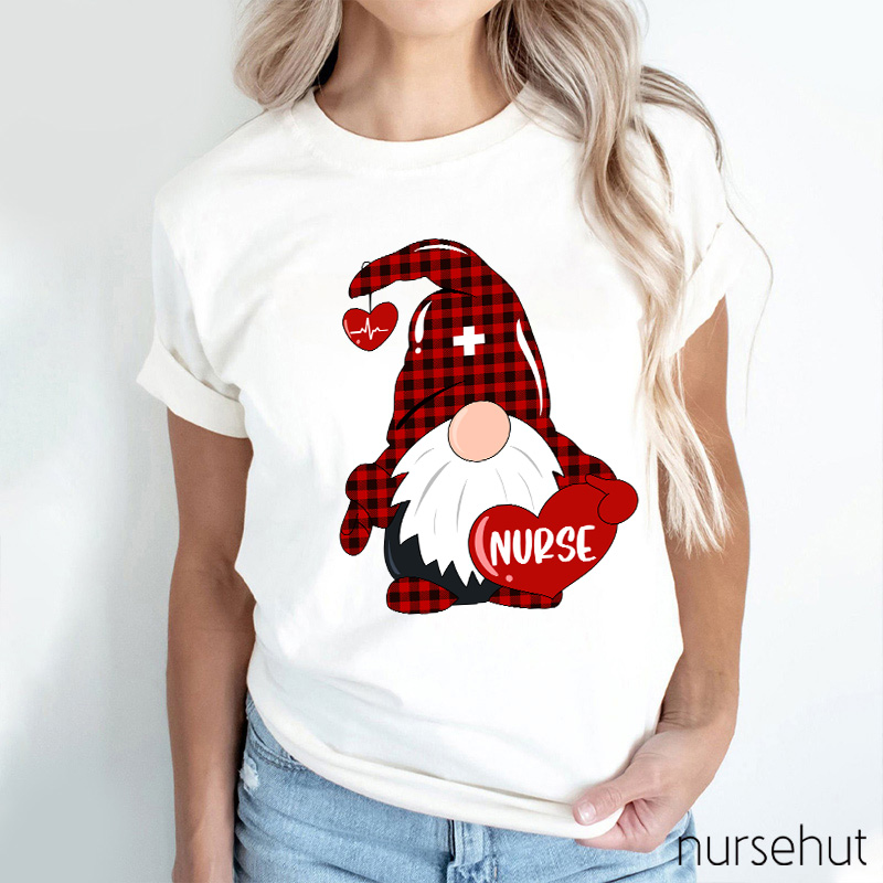 Red Plaid Gnome Red Heart Nurse T-Shirt