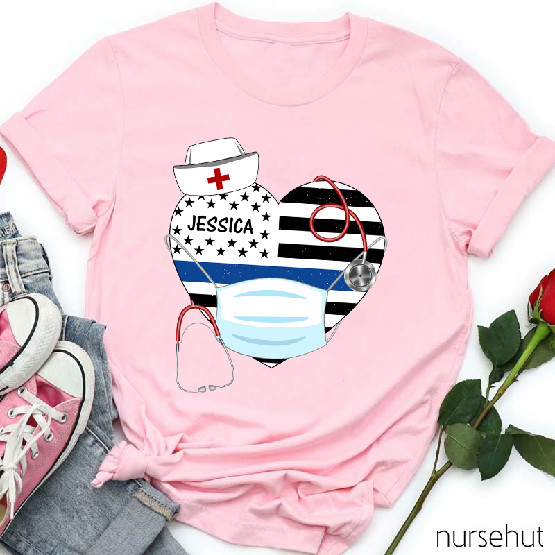 Personalized Stars And Stripes Heart Nurse Mask Stethoscope Nurse T-Shirt