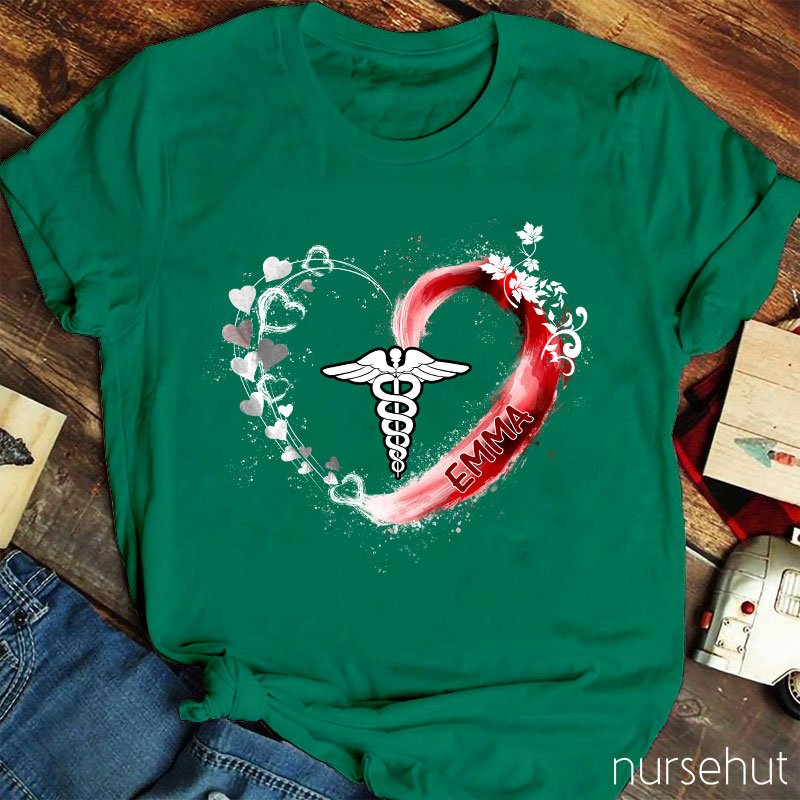 Personalized Caduceus Heart Flower Ribbon Nurse T-Shirt