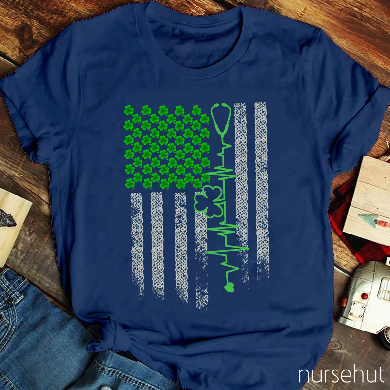 USA National Flag Clovers Stethoscope Nurse T-Shirt
