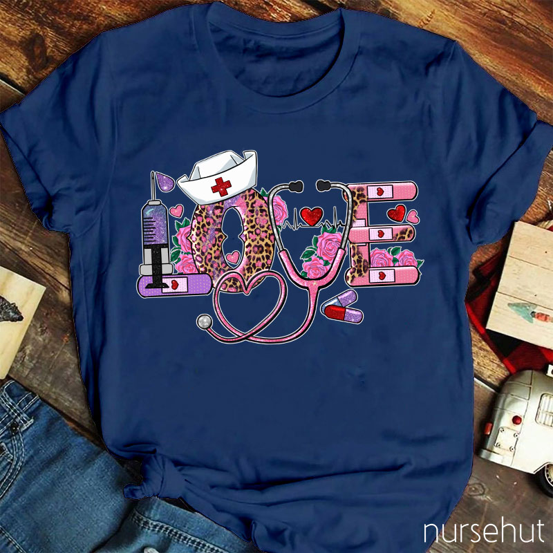 Valentine Love Stethoscope Leopard Print Flower Nurse T-Shirt