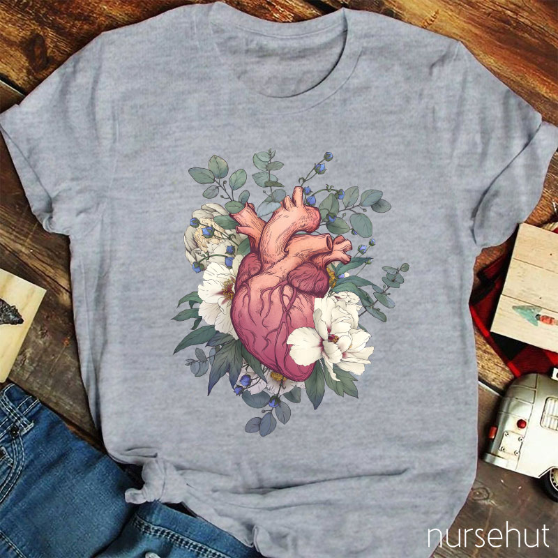Retro Painting Style Heart And Flowers Nurse T-Shirt