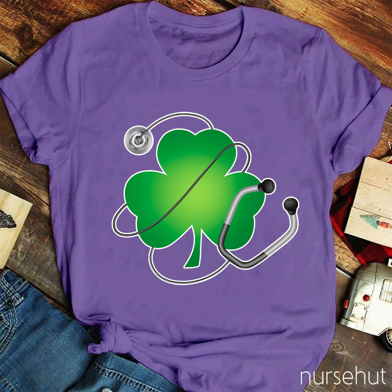 Four Leaf Clover With Stethoscope Nurse T-Shirt