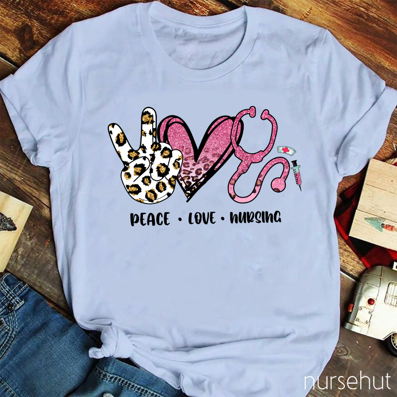 Peace Love And Nursing Shining Pink Leopard Print Nurse T-Shirt