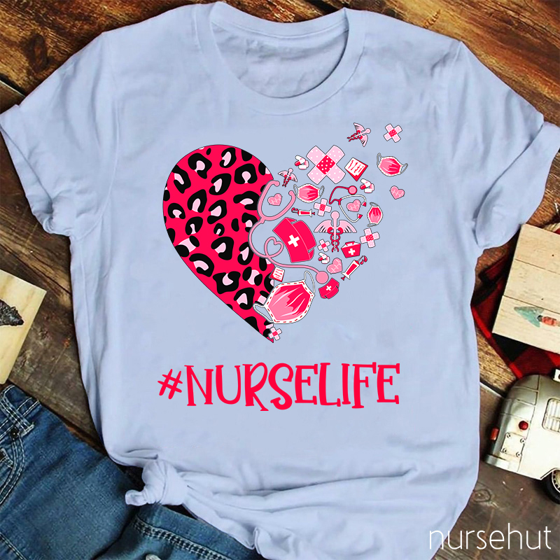 Leopard Print Love Heart Nurselife Nurse T-Shirt