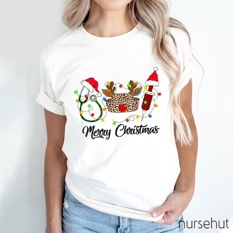 Merry Christmas Leopard Nurse Hat Nurse T-Shirt