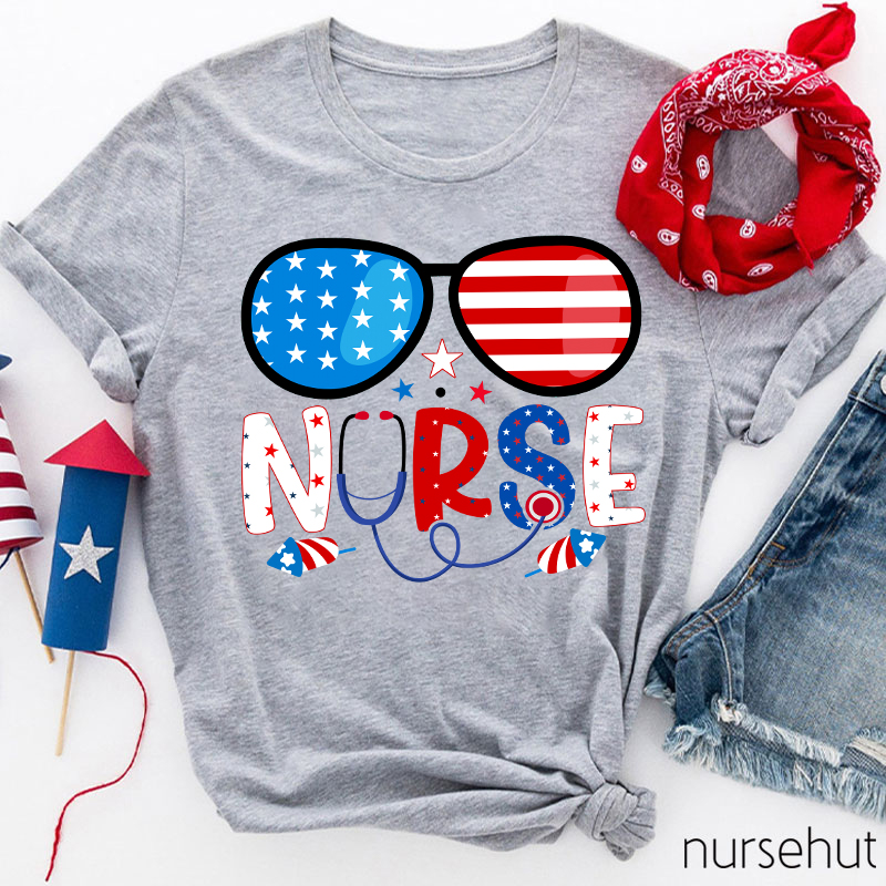 Flag Glasses Fireworks Nurse T-Shirt