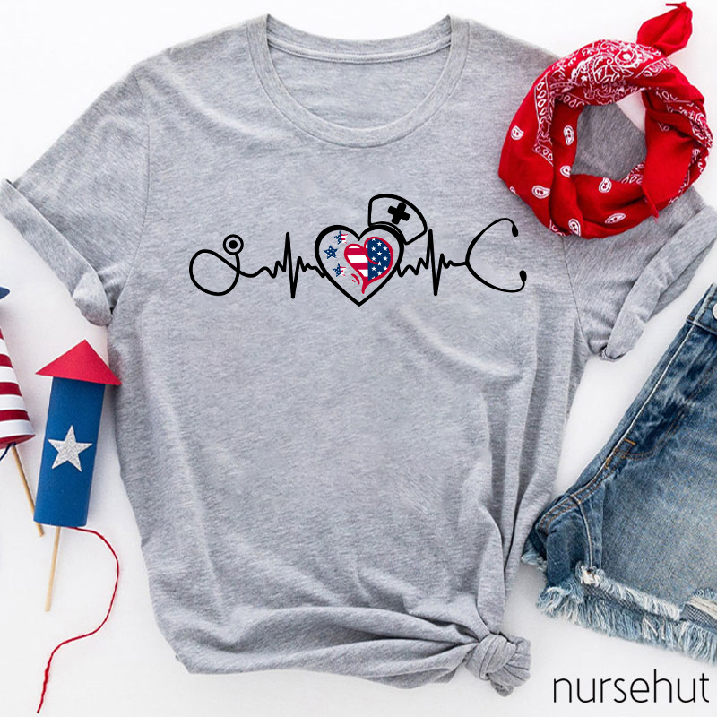 Flag Heart ECG Stethoscope Nurse T-Shirt