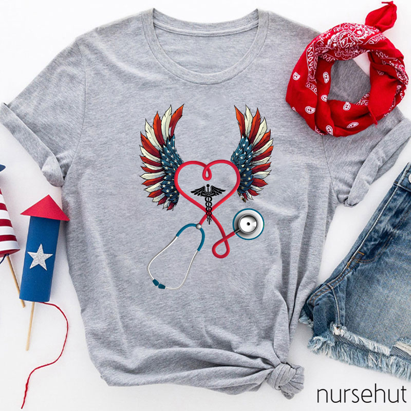 Flag Double Wing Love Stethoscope Nurse T-Shirt