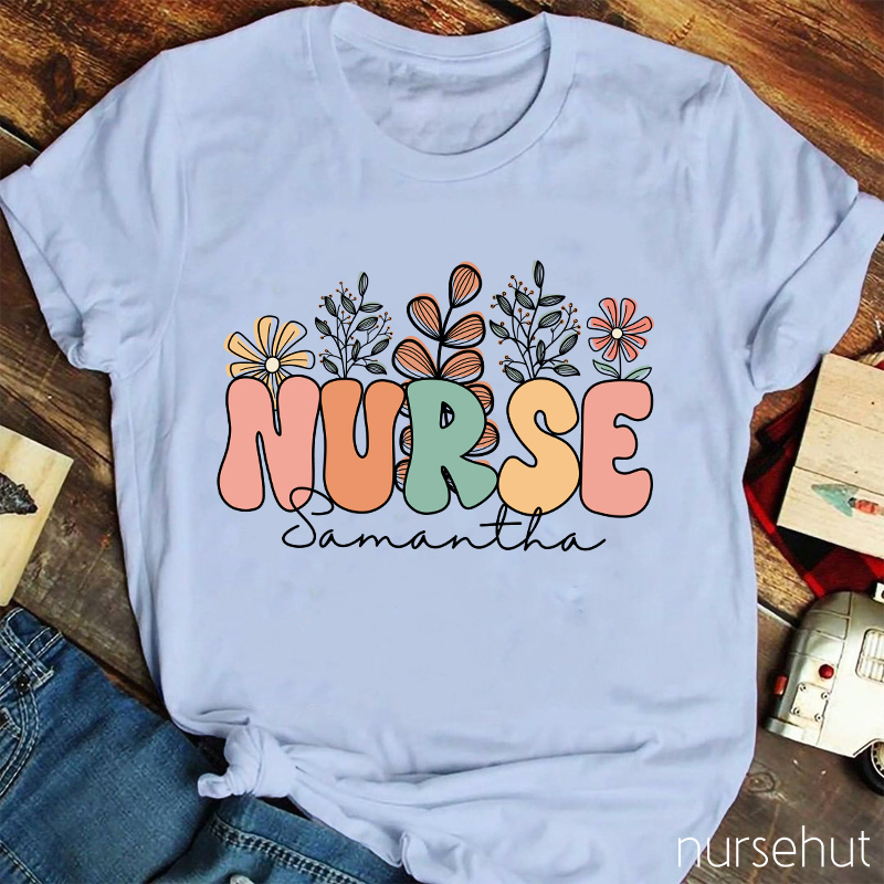 Personalized Name Flowers Nurse T-Shirt