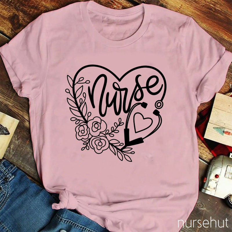 Flower Heart Stethoscope Nurse T-Shirt