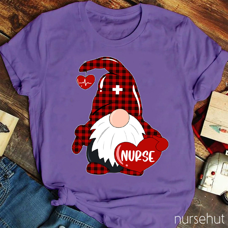 Red Plaid Gnome Red Heart Nurse T-Shirt