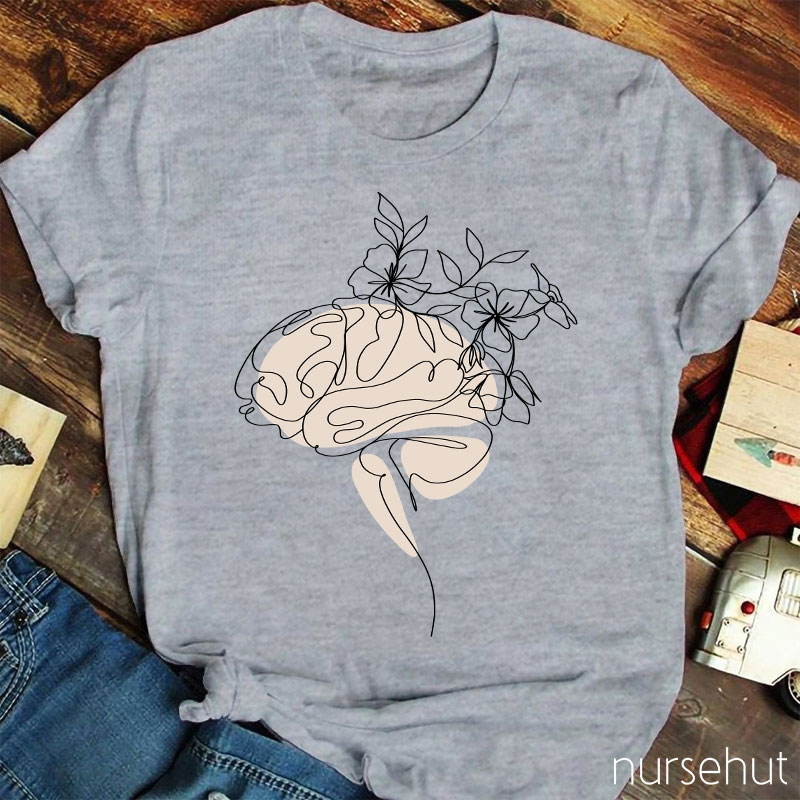 Flowers Growing From The Brain Line Drawing Nurse T-Shirt