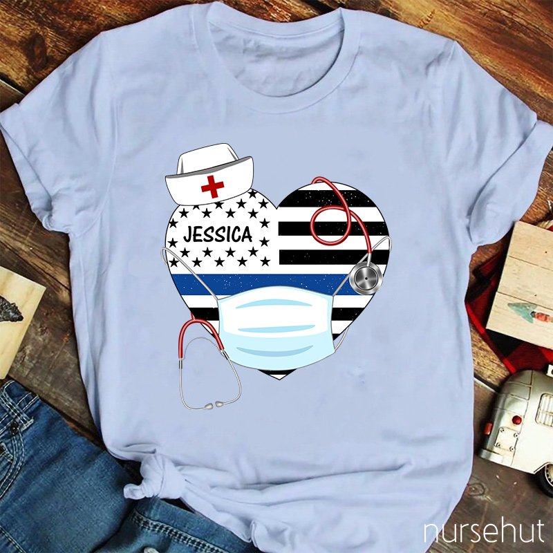 Personalized Stars And Stripes Heart Nurse Mask Stethoscope Nurse T-Shirt