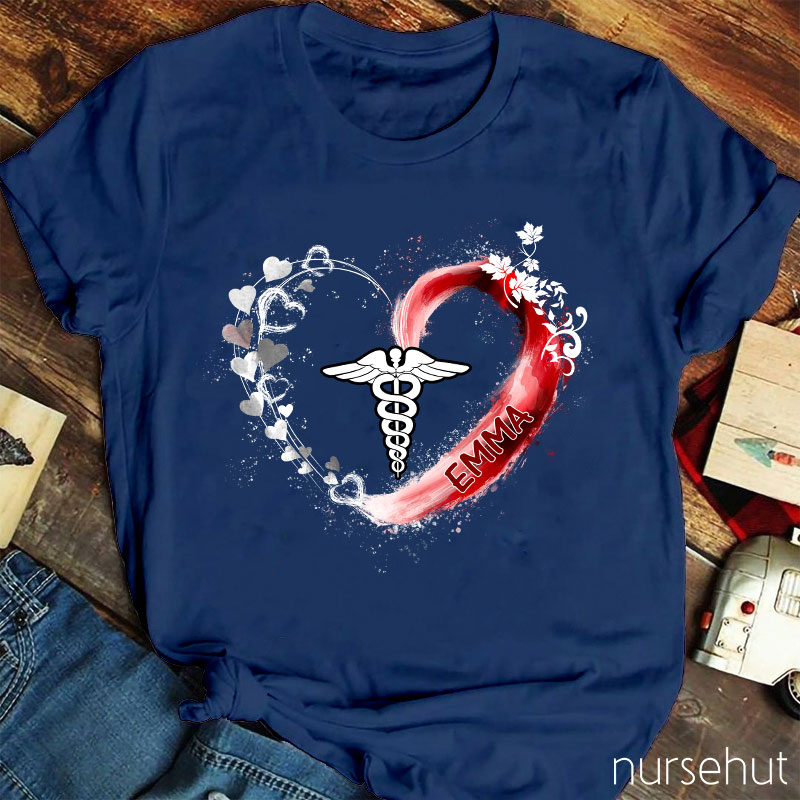 Personalized Caduceus Heart Flower Ribbon Nurse T-Shirt