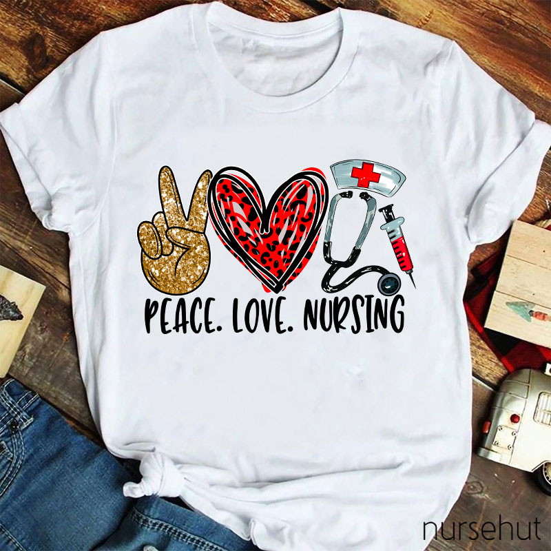Peace Love Nursing Red Leopard Heart T-Shirt