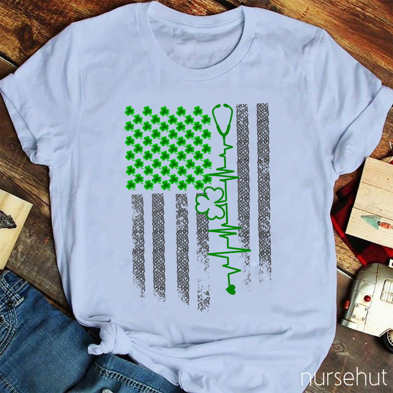 USA National Flag Clovers Stethoscope Nurse T-Shirt