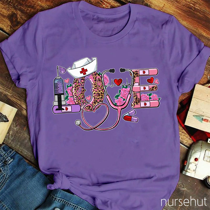 Valentine Love Stethoscope Leopard Print Flower Nurse T-Shirt