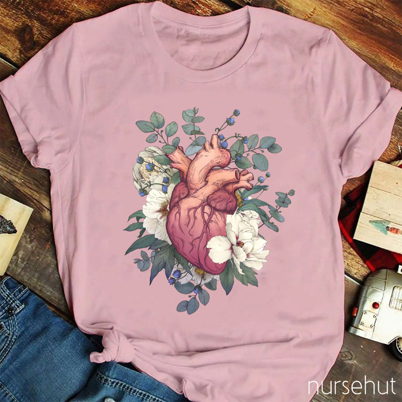 Retro Painting Style Heart And Flowers Nurse T-Shirt