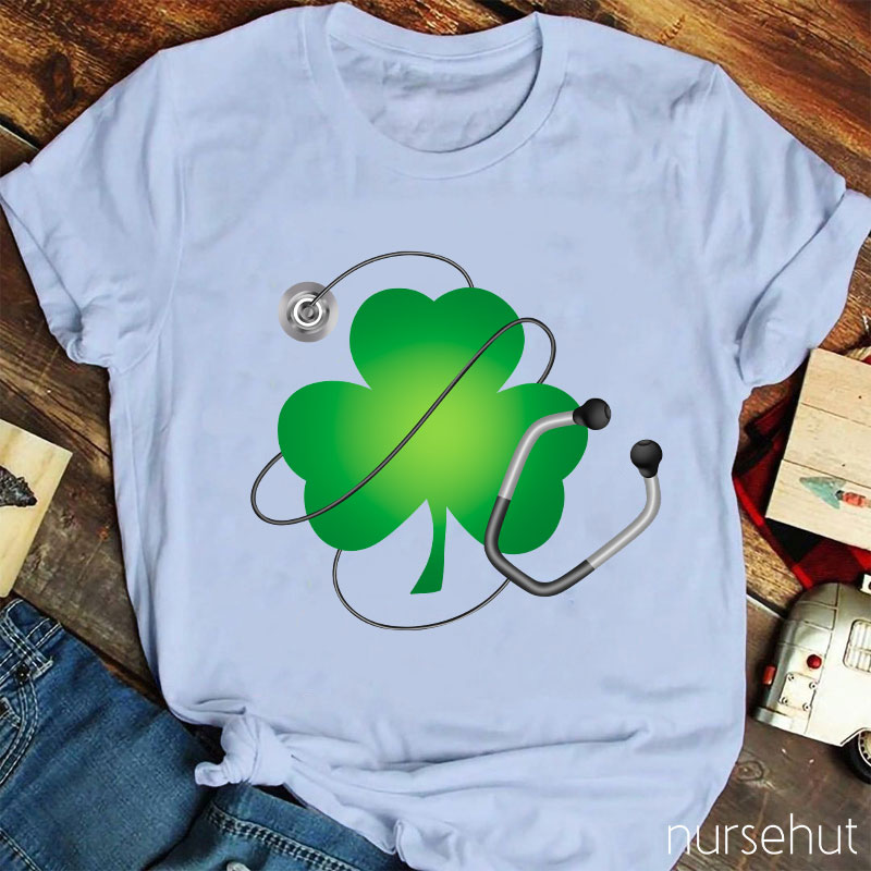 Four Leaf Clover With Stethoscope Nurse T-Shirt