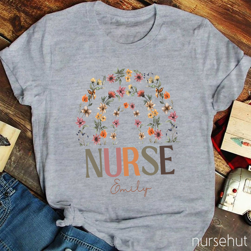 Personalized Rainbow Flower Nurse T-Shirt