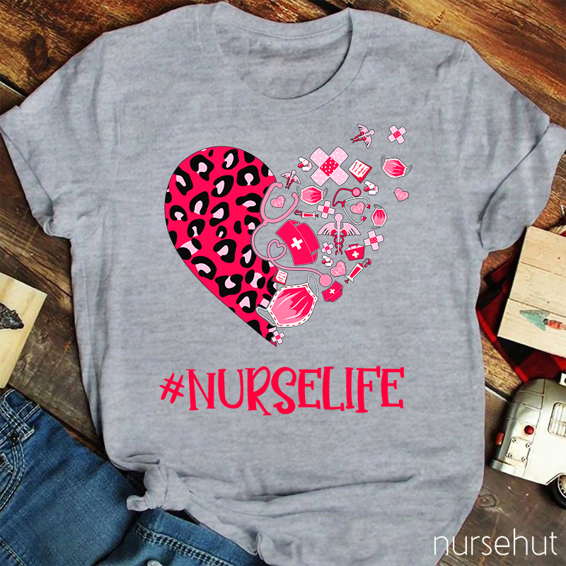 Leopard Print Love Heart Nurselife Nurse T-Shirt