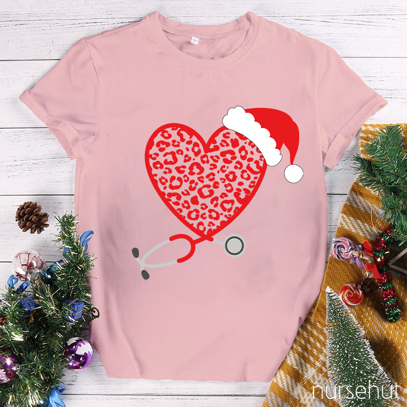Leopard Red Heart Stethoscope Nurse T-Shirt