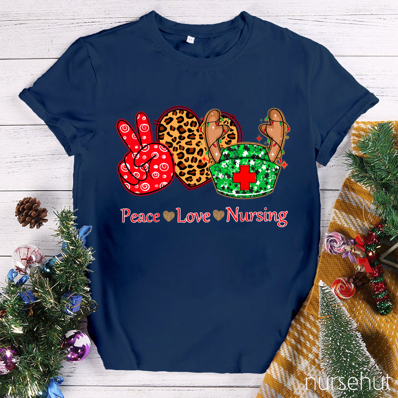 Peace Love And Nursing Leopard Christmas Vibes Nurse T-Shirt