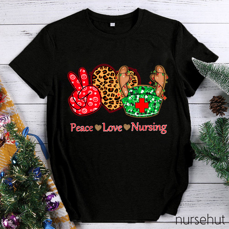 Peace Love And Nursing Leopard Christmas Vibes Nurse T-Shirt