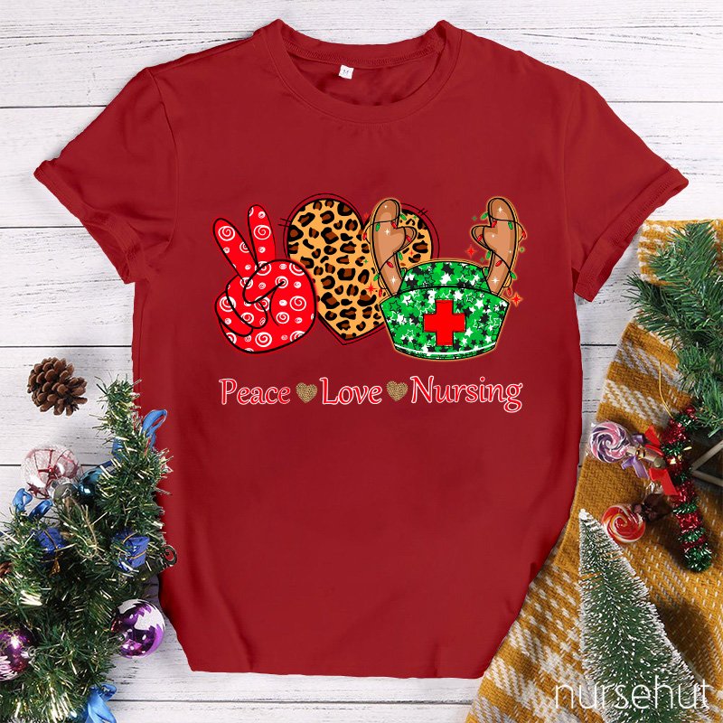 Peace Love And Nursing Leopard Christmas Vibes Nurse T-Shirt