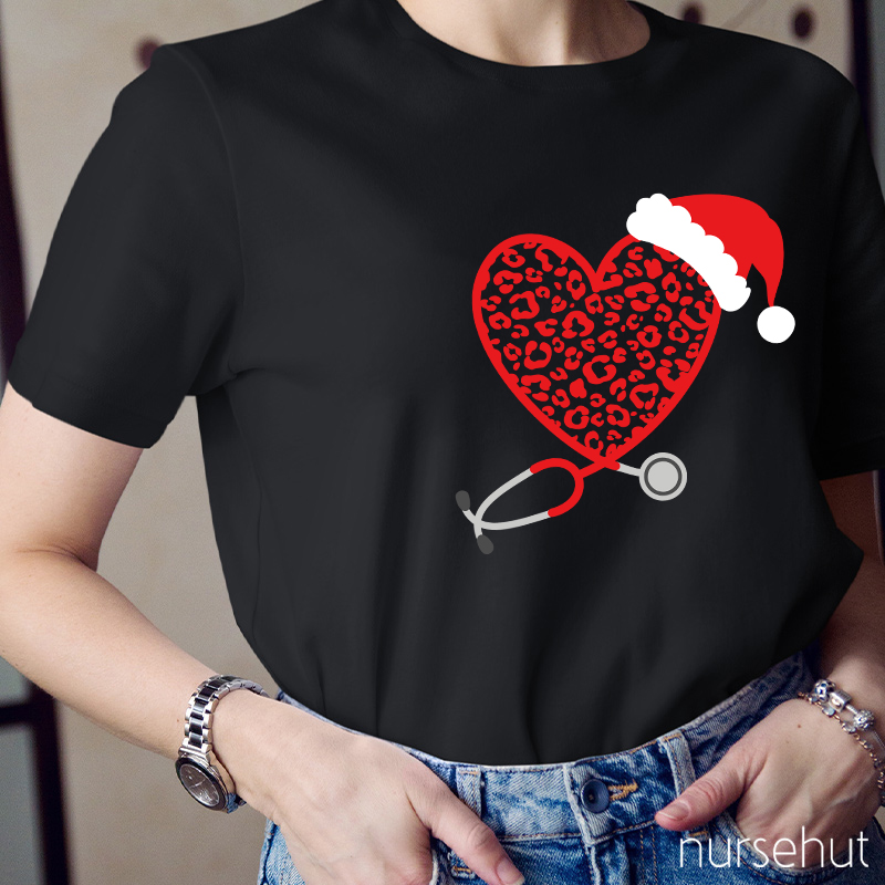 Leopard Red Heart Stethoscope Nurse T-Shirt