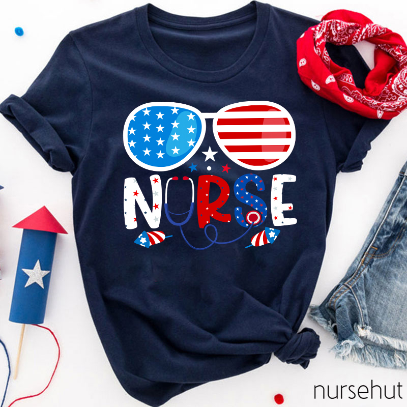 Flag Glasses Fireworks Nurse T-Shirt