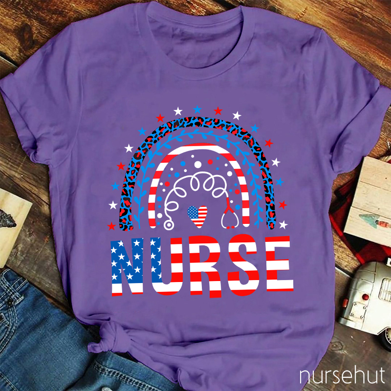 Independence Day Rainbow Heart Nurse T-Shirt