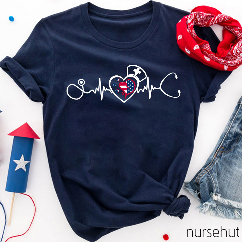 Flag Heart ECG Stethoscope Nurse T-Shirt