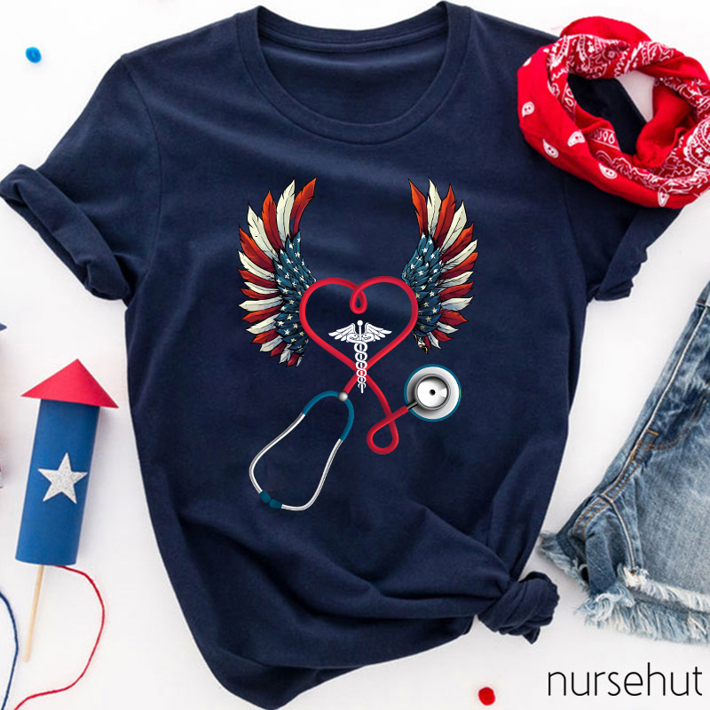 Flag Double Wing Love Stethoscope Nurse T-Shirt