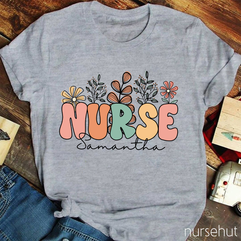 Personalized Name Flowers Nurse T-Shirt