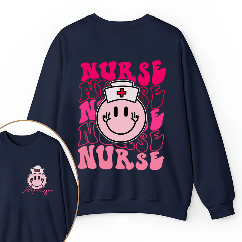 Personalized Pink Smiley Face Nurse Two Sided Sweatshirt
