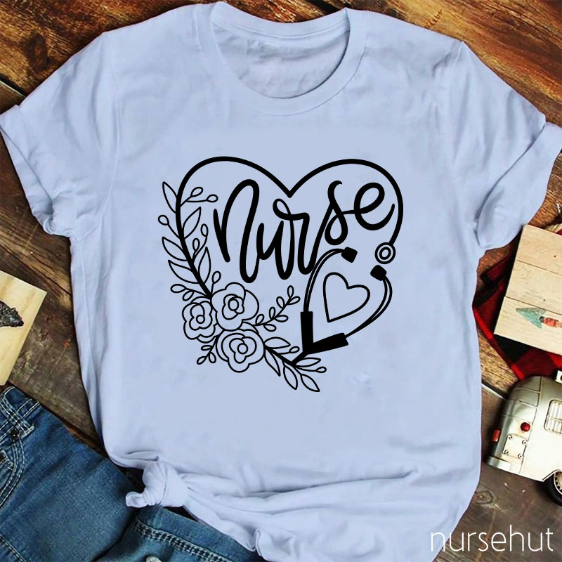 Flower Heart Stethoscope Nurse T-Shirt