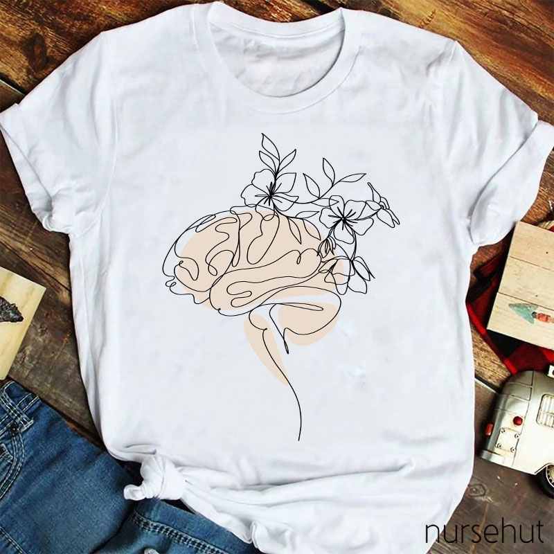 Flowers Growing From The Brain Line Drawing Nurse T-Shirt