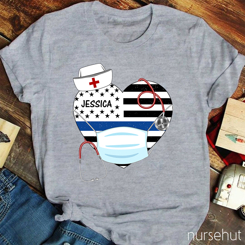 Personalized Stars And Stripes Heart Nurse Mask Stethoscope Nurse T-Shirt