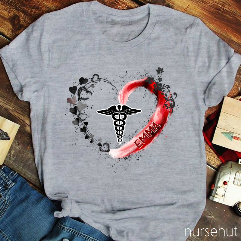 Personalized Caduceus Heart Flower Ribbon Nurse T-Shirt