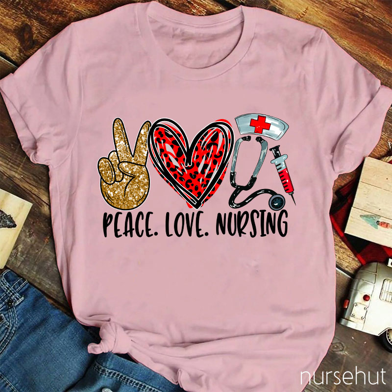 Peace Love Nursing Red Leopard Heart T-Shirt